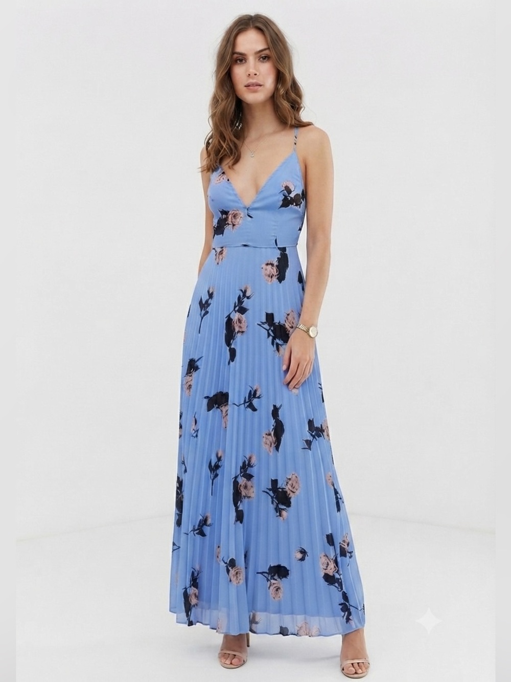 ASOS Design Blue Floral Pleated Maxi Dress
